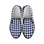 Navy And White Gingham Pattern Print Black Slip On Shoes