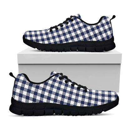 Navy And White Gingham Pattern Print Black Sneakers