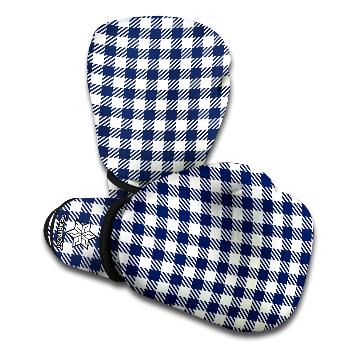 Navy And White Gingham Pattern Print Boxing Gloves
