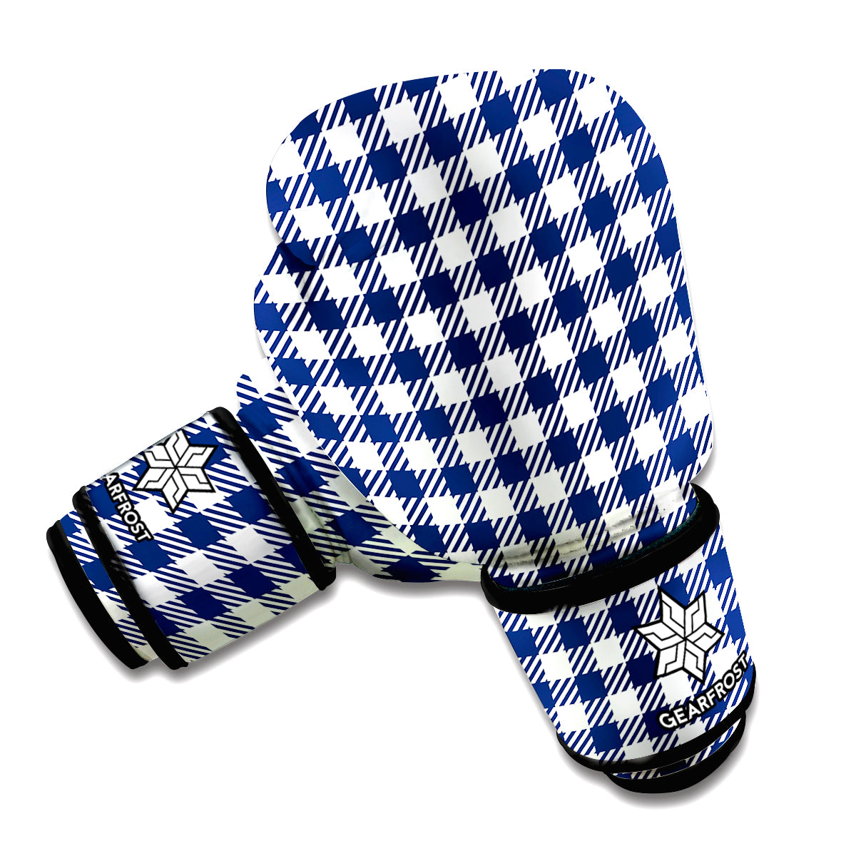 Navy And White Gingham Pattern Print Boxing Gloves