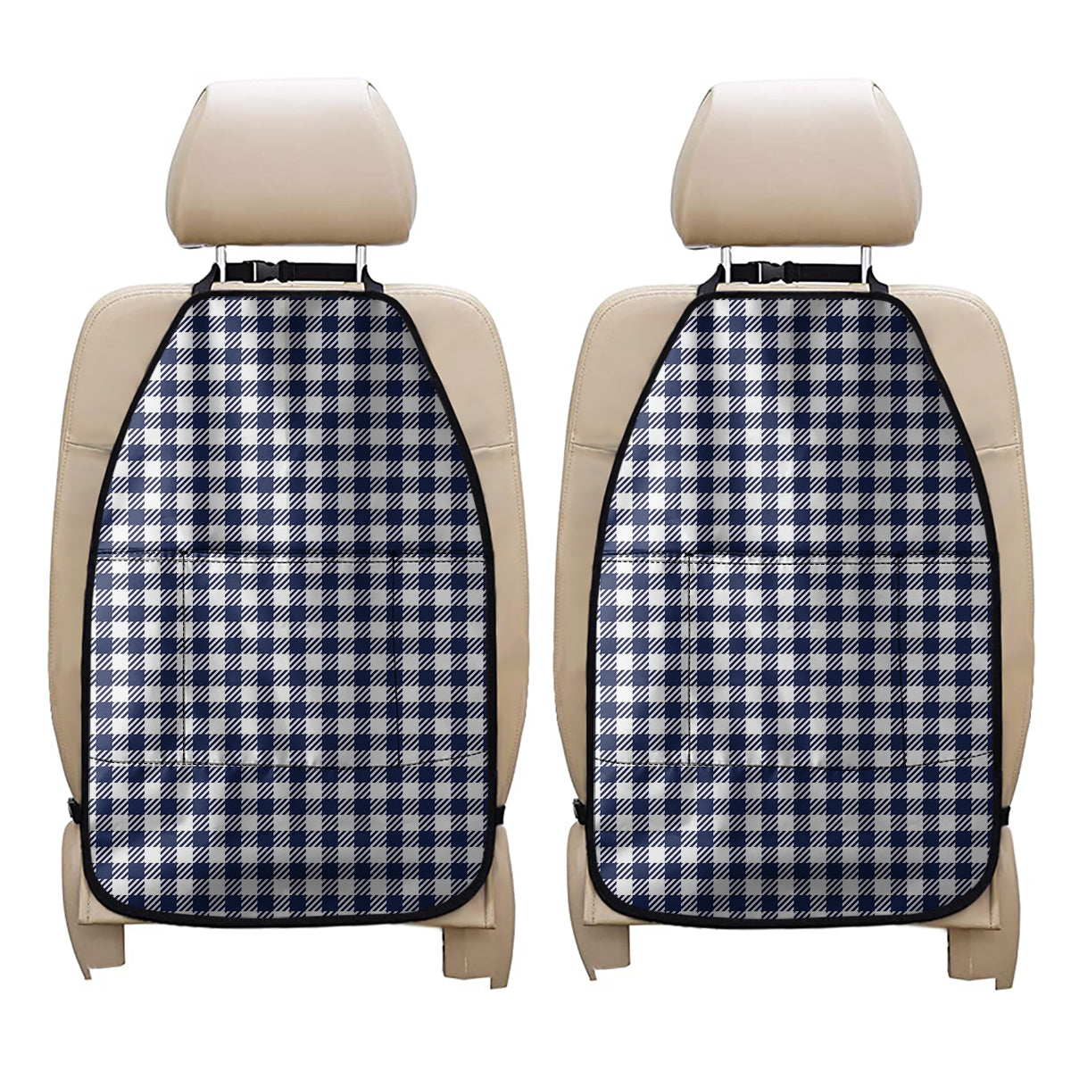 Navy And White Gingham Pattern Print Car Seat Organizers