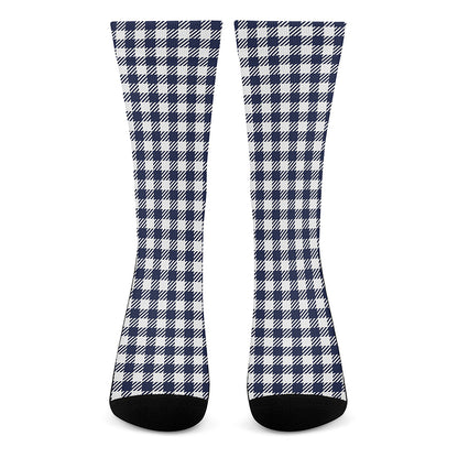Navy And White Gingham Pattern Print Crew Socks