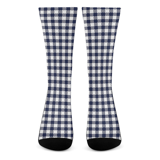 Navy And White Gingham Pattern Print Crew Socks