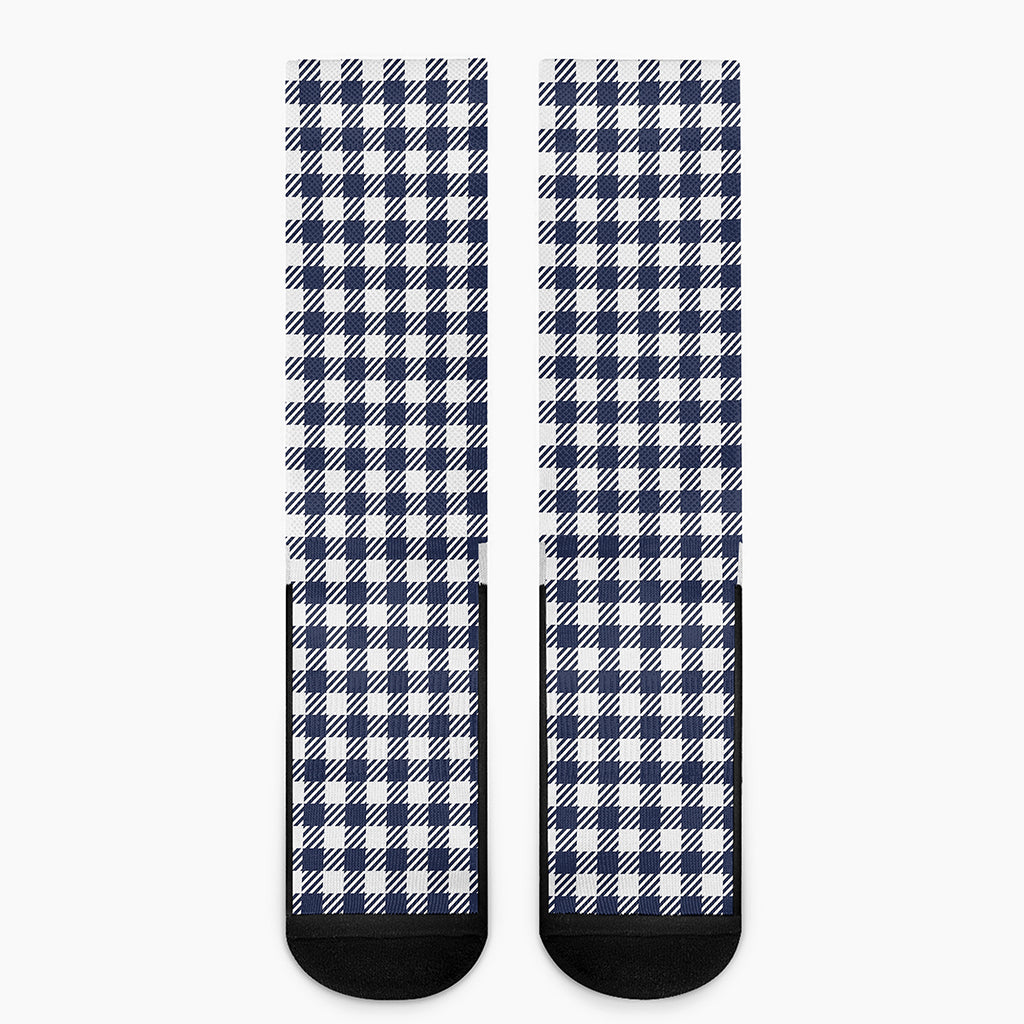 Navy And White Gingham Pattern Print Crew Socks