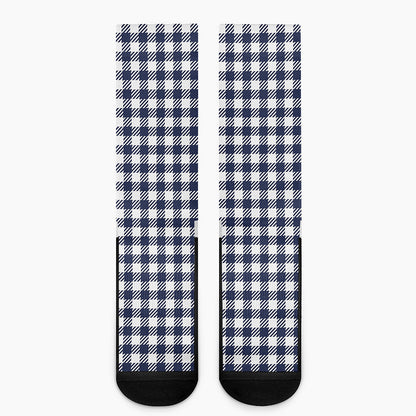 Navy And White Gingham Pattern Print Crew Socks