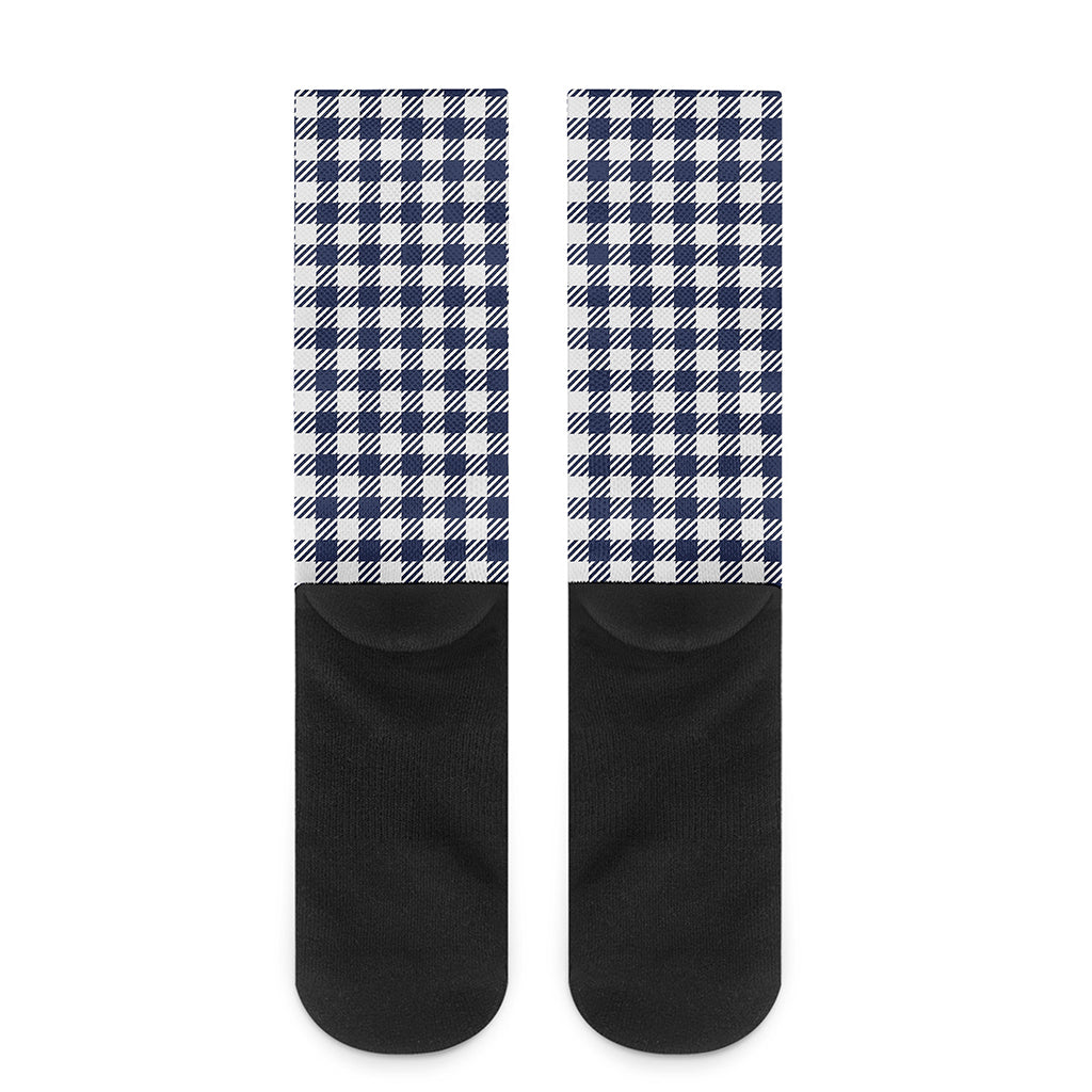 Navy And White Gingham Pattern Print Crew Socks