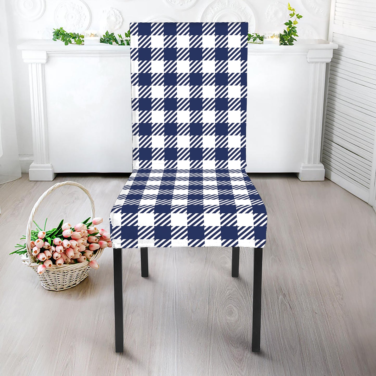 Navy And White Gingham Pattern Print Dining Chair Slipcover