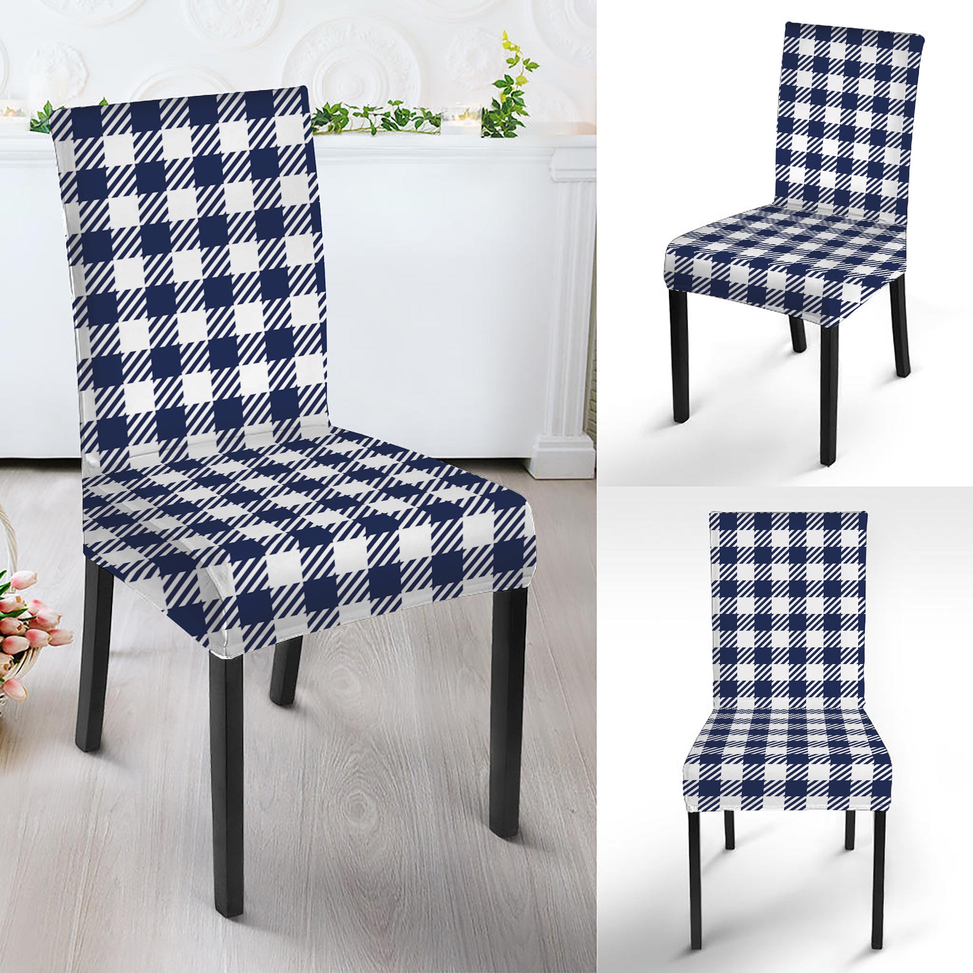 Navy And White Gingham Pattern Print Dining Chair Slipcover