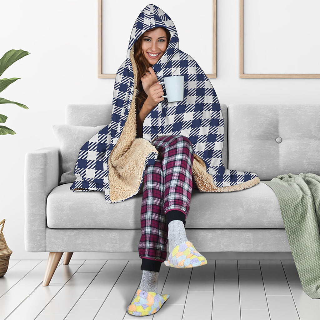 Navy And White Gingham Pattern Print Hooded Blanket