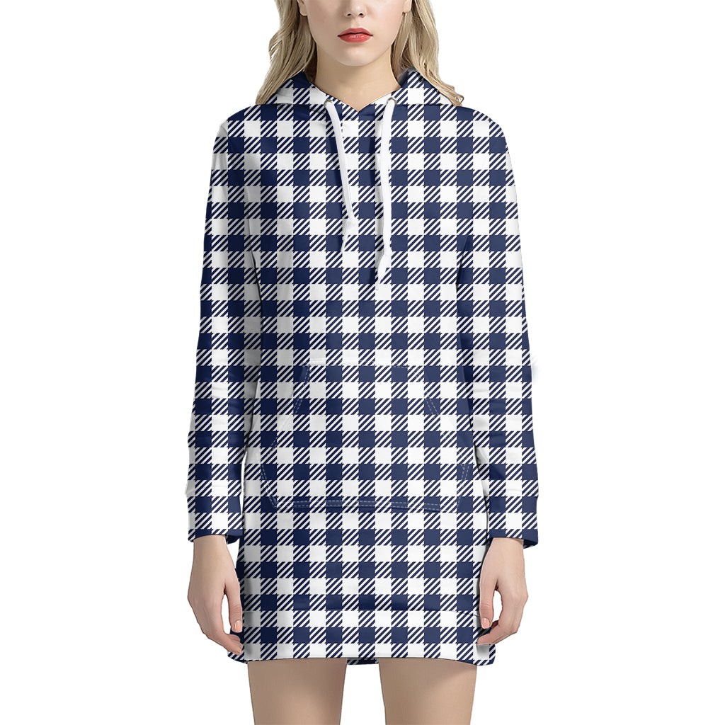 Navy And White Gingham Pattern Print Hoodie Dress