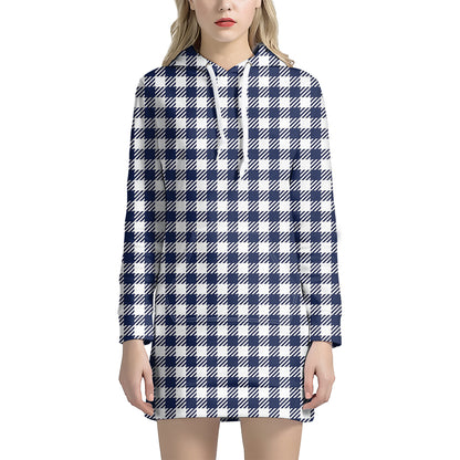 Navy And White Gingham Pattern Print Hoodie Dress