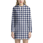 Navy And White Gingham Pattern Print Hoodie Dress