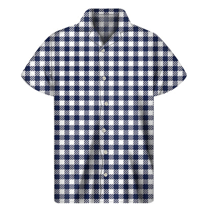 Navy And White Gingham Pattern Print Men's Short Sleeve Shirt