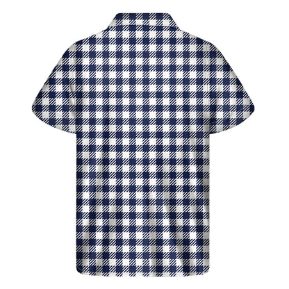 Navy And White Gingham Pattern Print Men's Short Sleeve Shirt