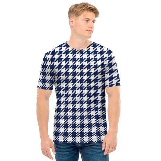 Navy And White Gingham Pattern Print Men's T-Shirt