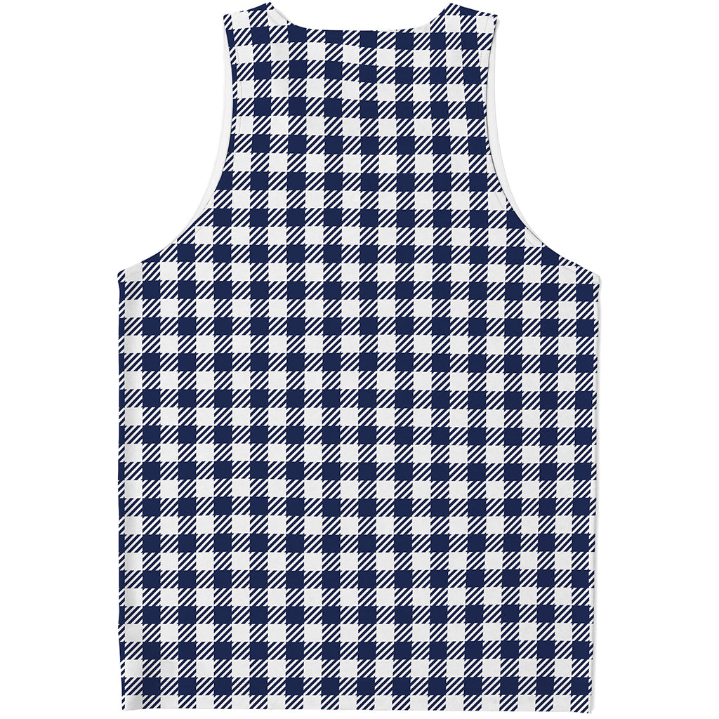 Navy And White Gingham Pattern Print Men's Tank Top