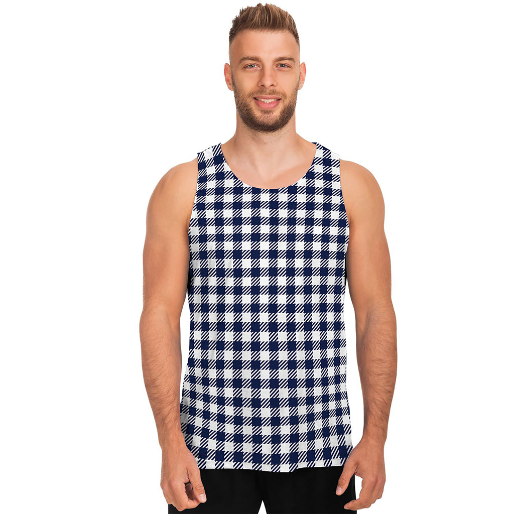 Navy And White Gingham Pattern Print Men's Tank Top