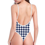 Navy And White Gingham Pattern Print One Piece High Cut Swimsuit