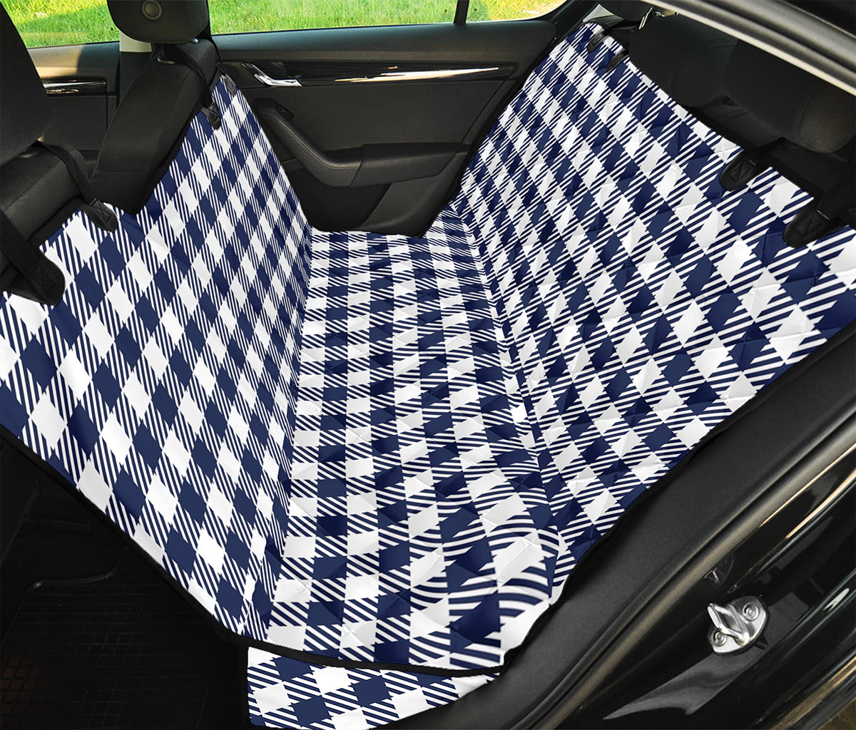 Navy And White Gingham Pattern Print Pet Car Back Seat Cover