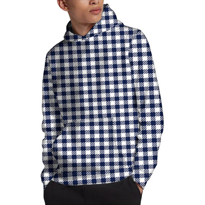Navy And White Gingham Pattern Print Pullover Hoodie