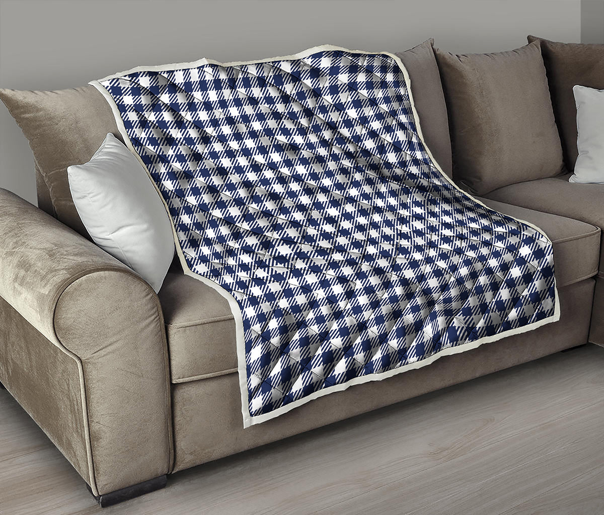 Navy And White Gingham Pattern Print Quilt