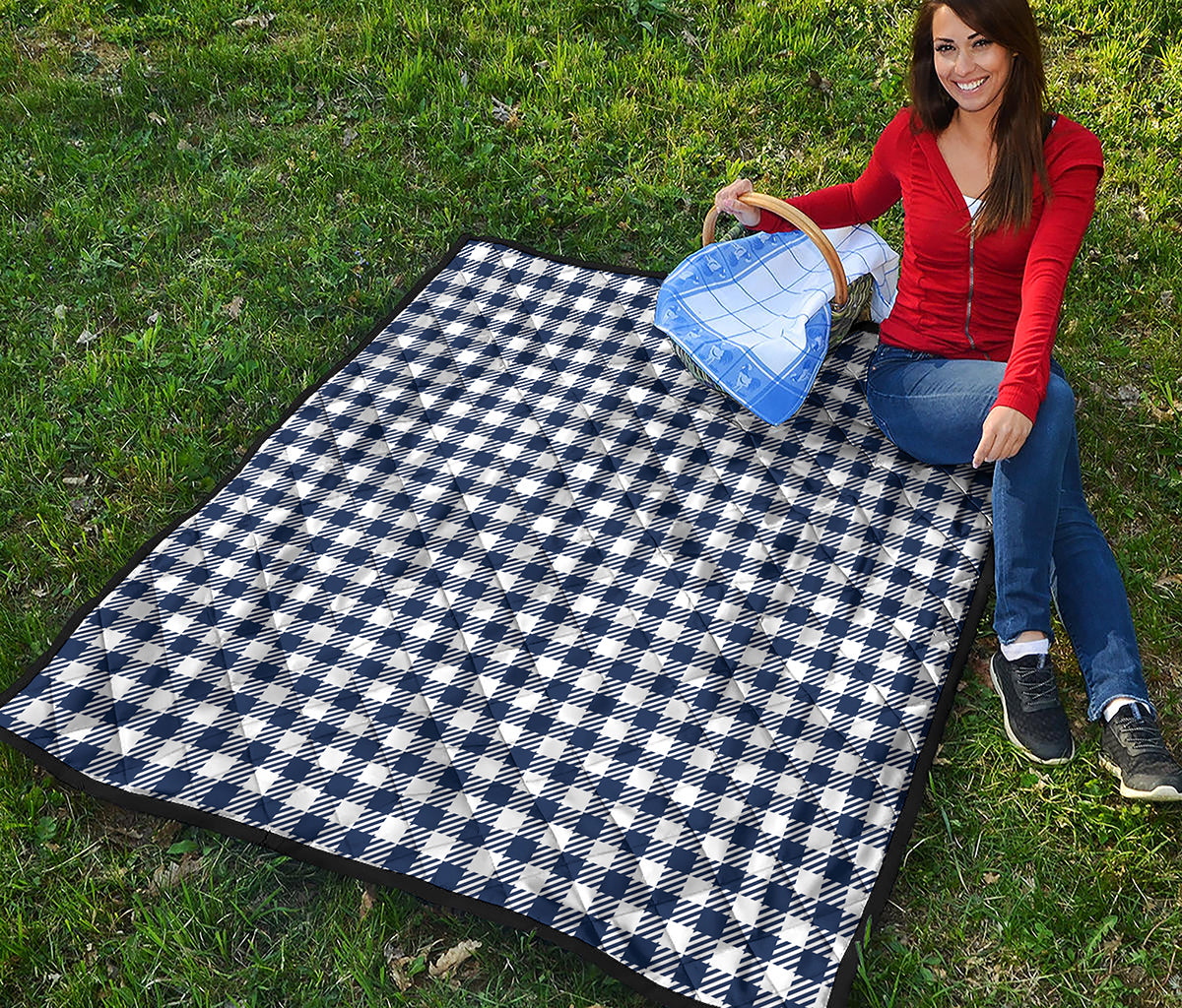 Navy And White Gingham Pattern Print Quilt