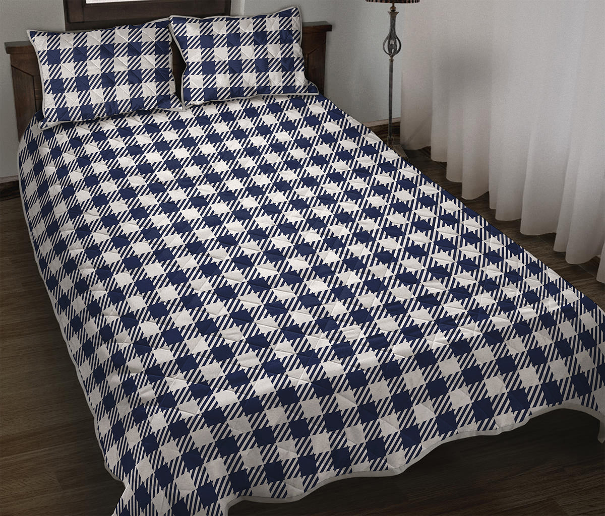 Navy And White Gingham Pattern Print Quilt Bed Set