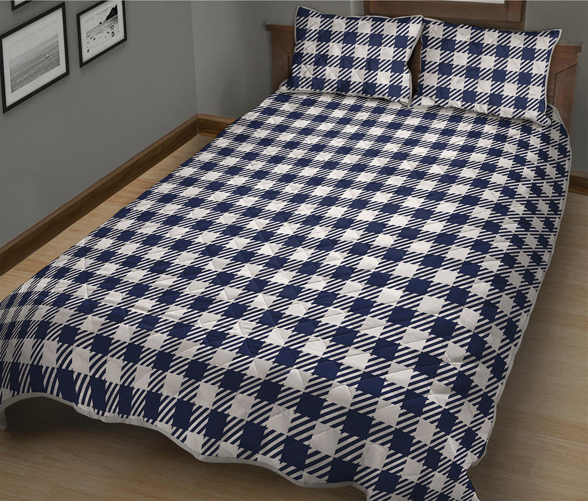 Navy And White Gingham Pattern Print Quilt Bed Set