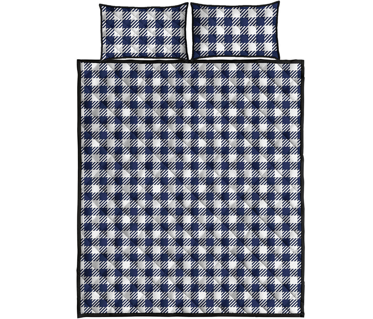 Navy And White Gingham Pattern Print Quilt Bed Set
