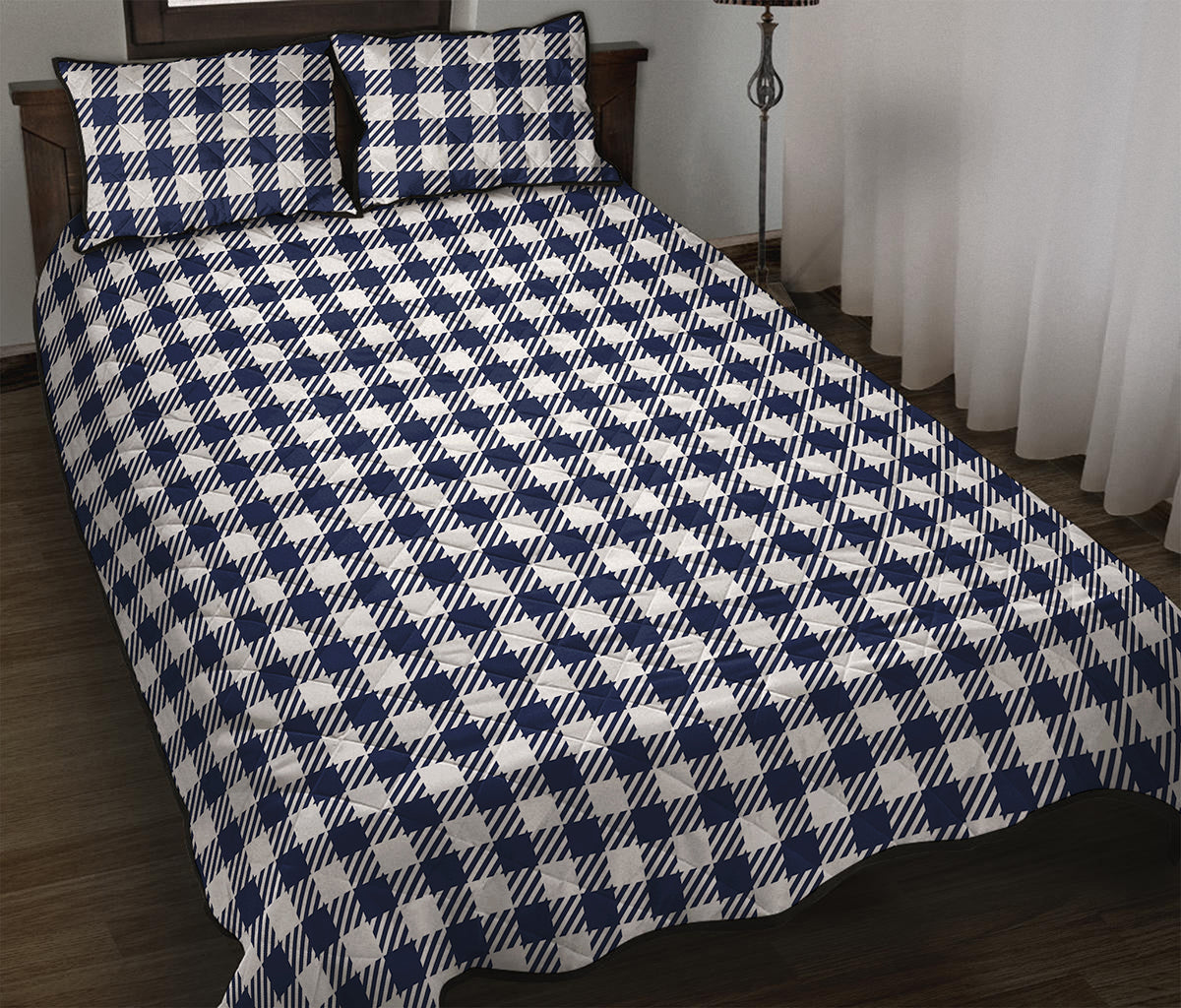 Navy And White Gingham Pattern Print Quilt Bed Set