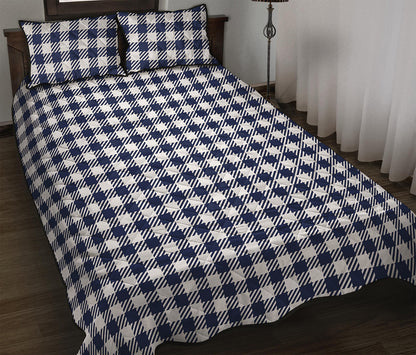 Navy And White Gingham Pattern Print Quilt Bed Set