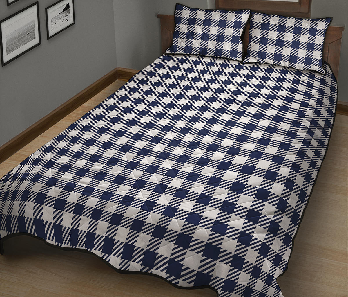 Navy And White Gingham Pattern Print Quilt Bed Set