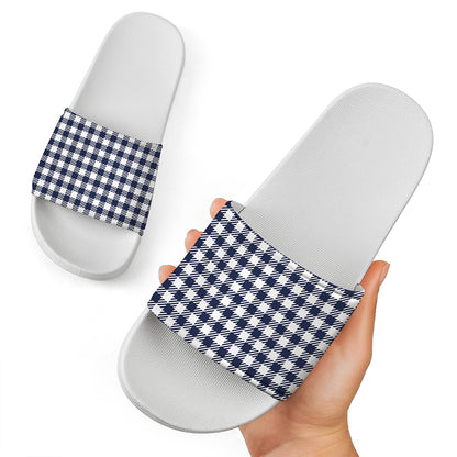 Navy And White Gingham Pattern Print White Slide Sandals