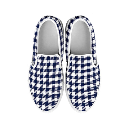 Navy And White Gingham Pattern Print White Slip On Shoes