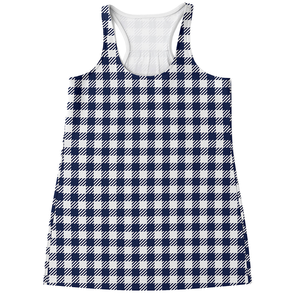 Navy And White Gingham Pattern Print Women's Racerback Tank Top