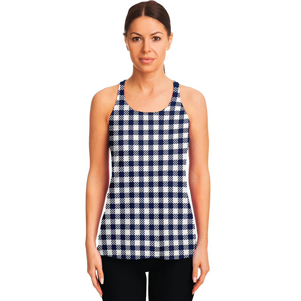 Navy And White Gingham Pattern Print Women's Racerback Tank Top