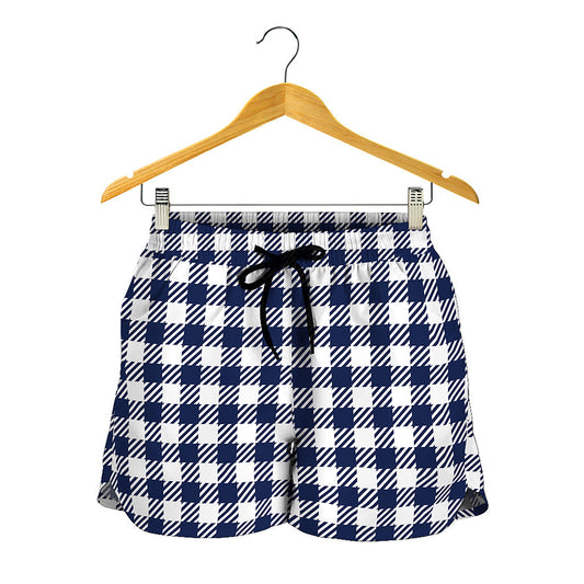 Navy And White Gingham Pattern Print Women's Shorts