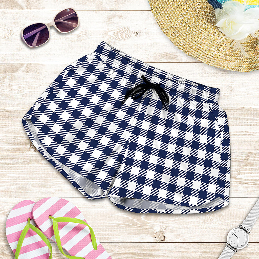 Navy And White Gingham Pattern Print Women's Shorts