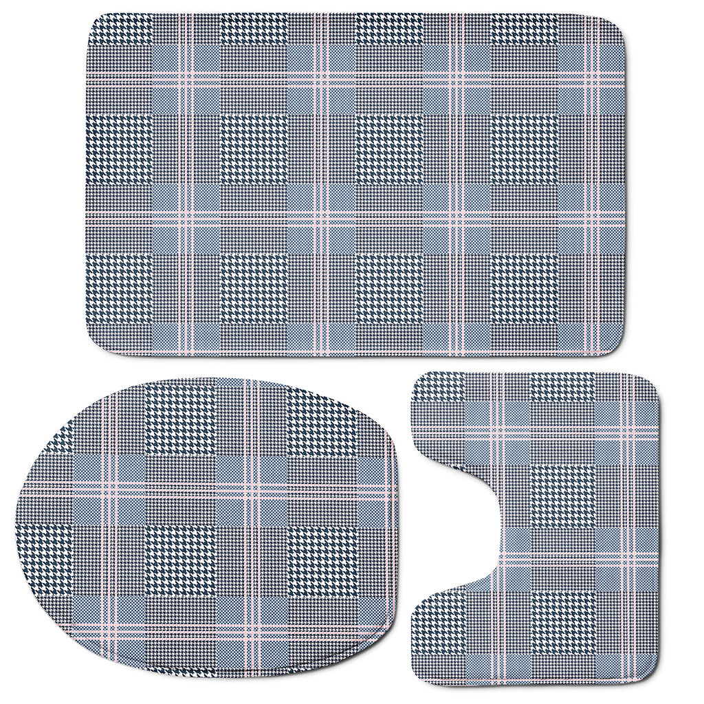 Navy And White Glen Plaid Print 3 Piece Bath Mat Set