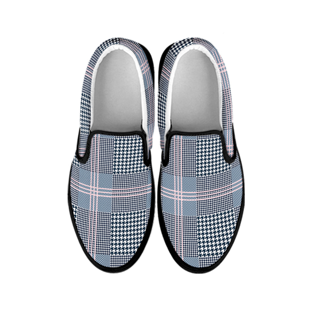 Navy And White Glen Plaid Print Black Slip On Shoes