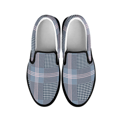Navy And White Glen Plaid Print Black Slip On Shoes