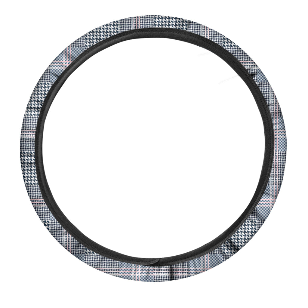 Navy And White Glen Plaid Print Car Steering Wheel Cover