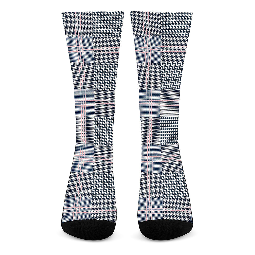 Navy And White Glen Plaid Print Crew Socks