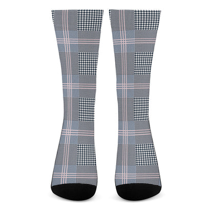Navy And White Glen Plaid Print Crew Socks