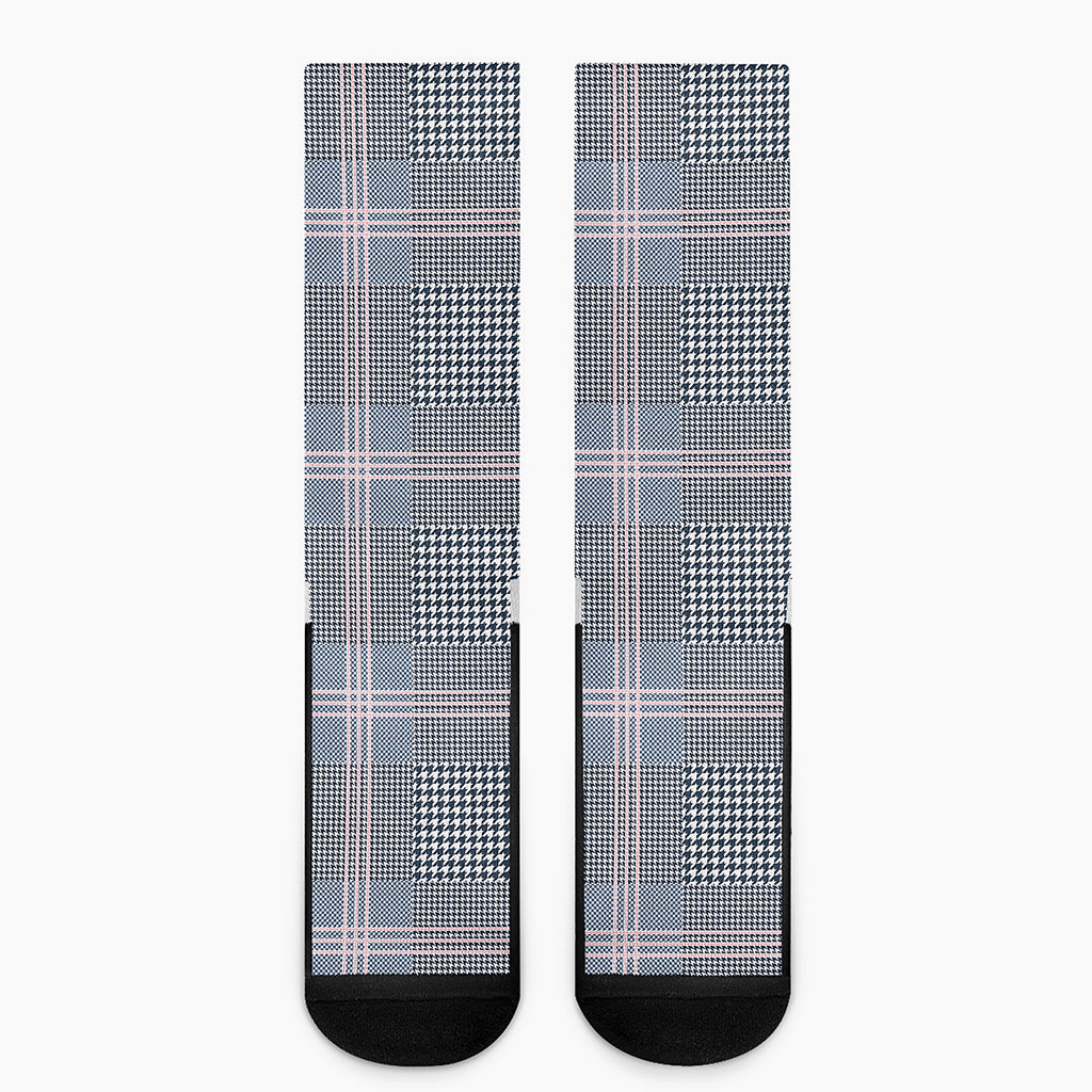 Navy And White Glen Plaid Print Crew Socks