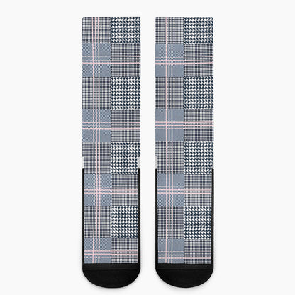 Navy And White Glen Plaid Print Crew Socks