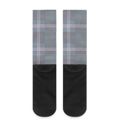 Navy And White Glen Plaid Print Crew Socks