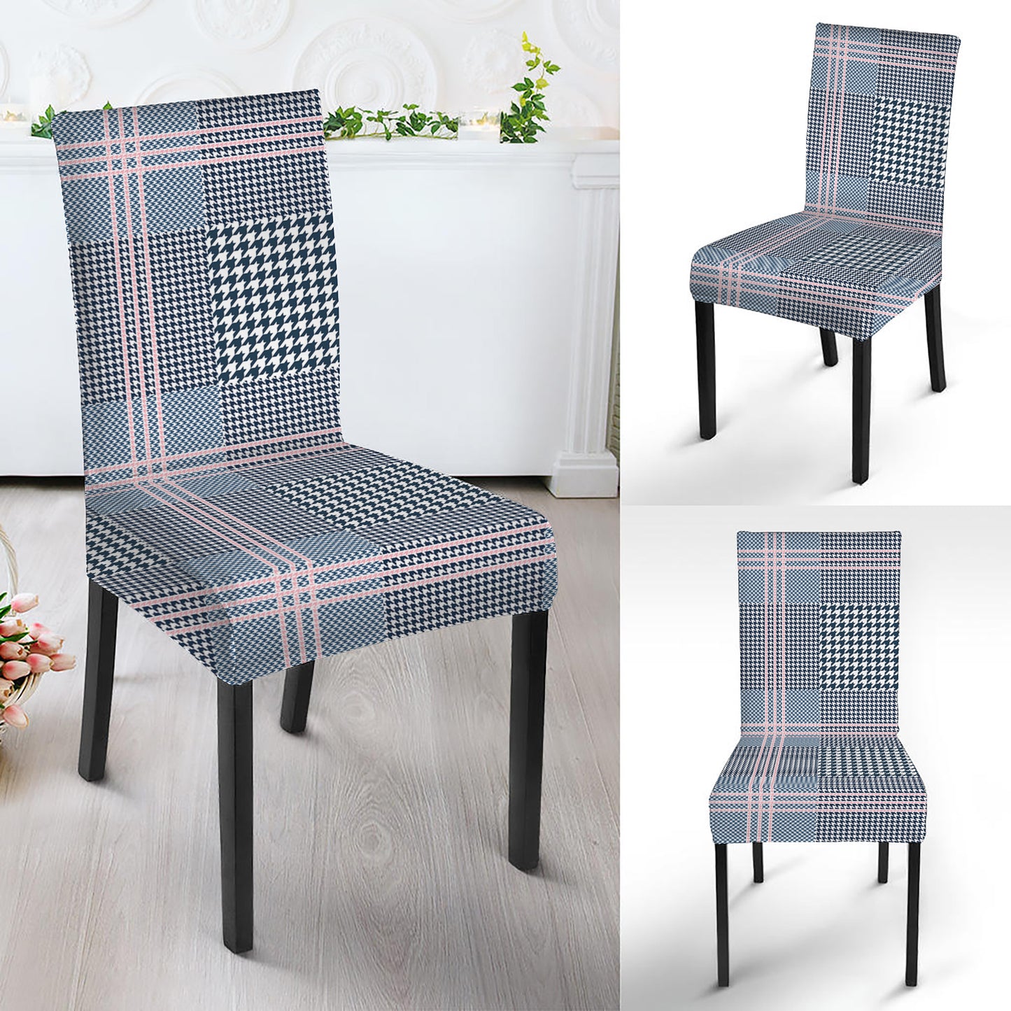 Navy And White Glen Plaid Print Dining Chair Slipcover