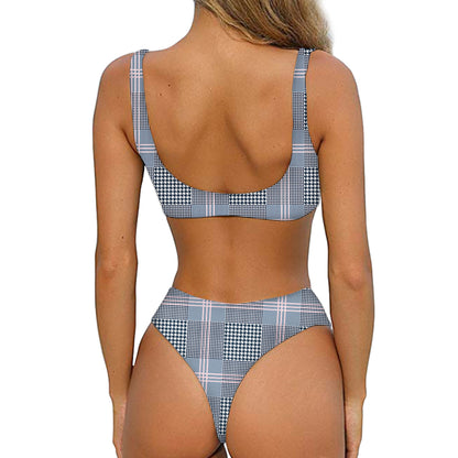 Navy And White Glen Plaid Print Front Bow Tie Bikini
