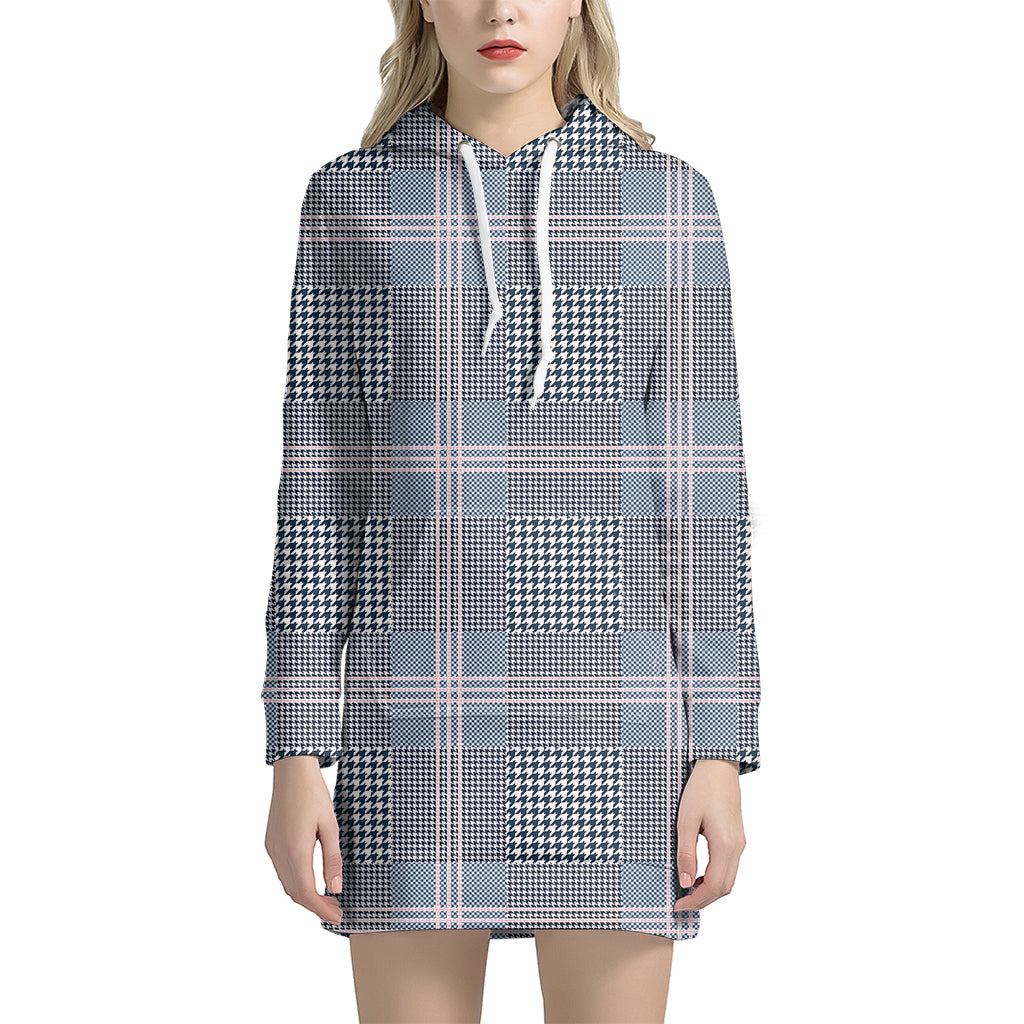 Navy And White Glen Plaid Print Hoodie Dress